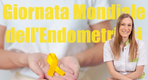 Sullo sfondo c'è una donna che tiene nelle mani un fiocco giallo e a destra l'immagine di una dottoressa per la giornata mondiale dell'endometriosi