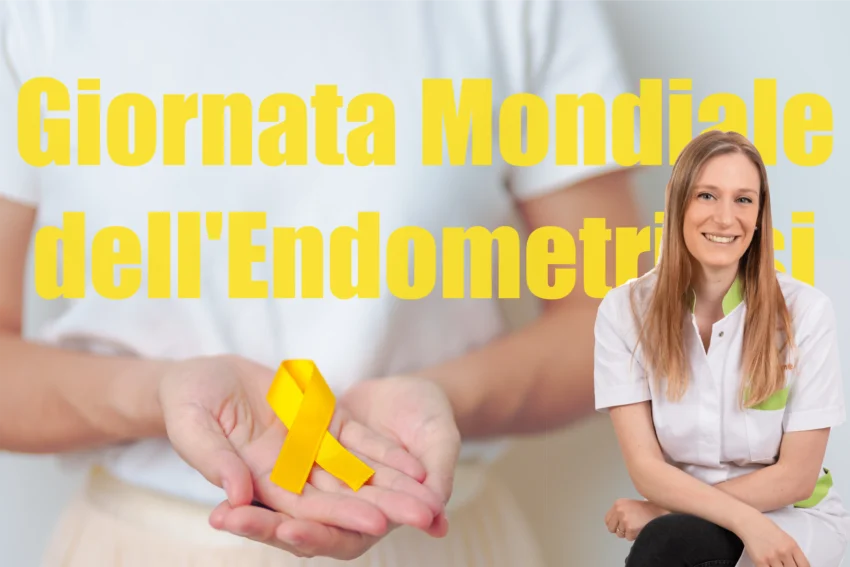 Sullo sfondo c'è una donna che tiene nelle mani un fiocco giallo e a destra l'immagine di una dottoressa per la giornata mondiale dell'endometriosi